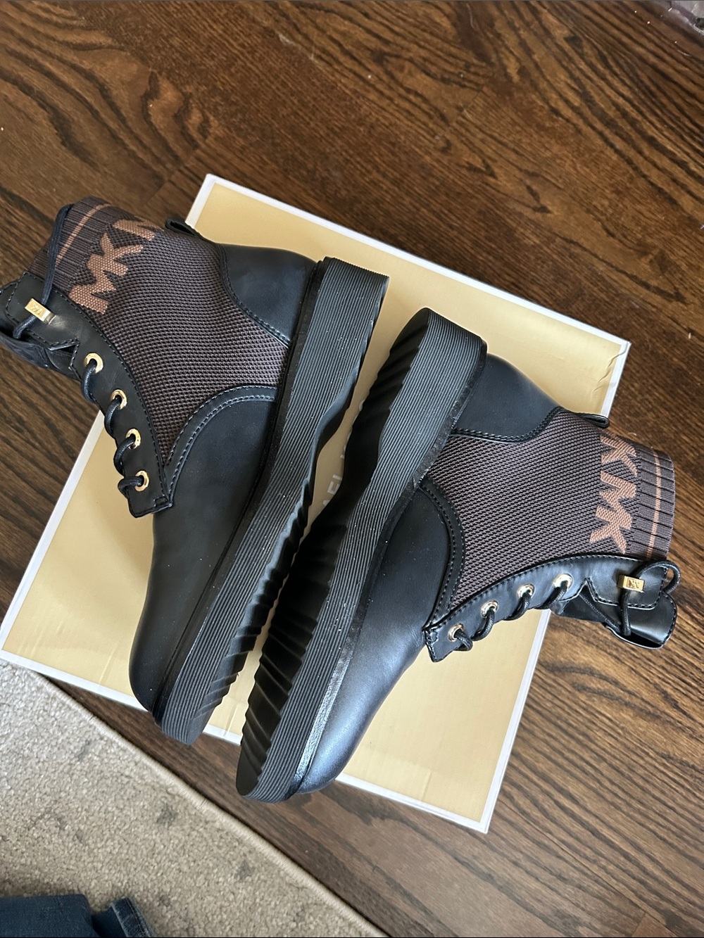 Michael Kors Leather Lace-Up Ankle Boots with Brown Trim - Picture 2 of 8
